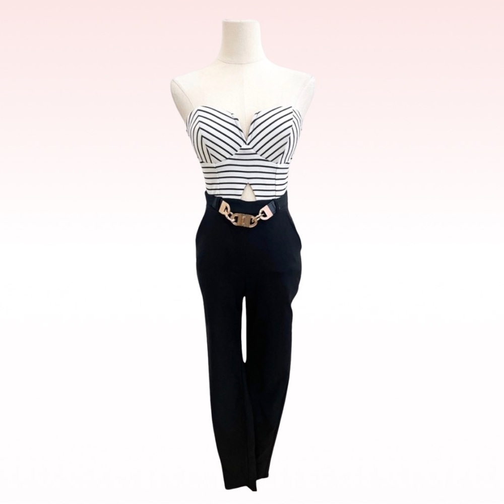 MATERIAL GIRL Strapless Striped Print 
Black & White Belted Jumpsuit